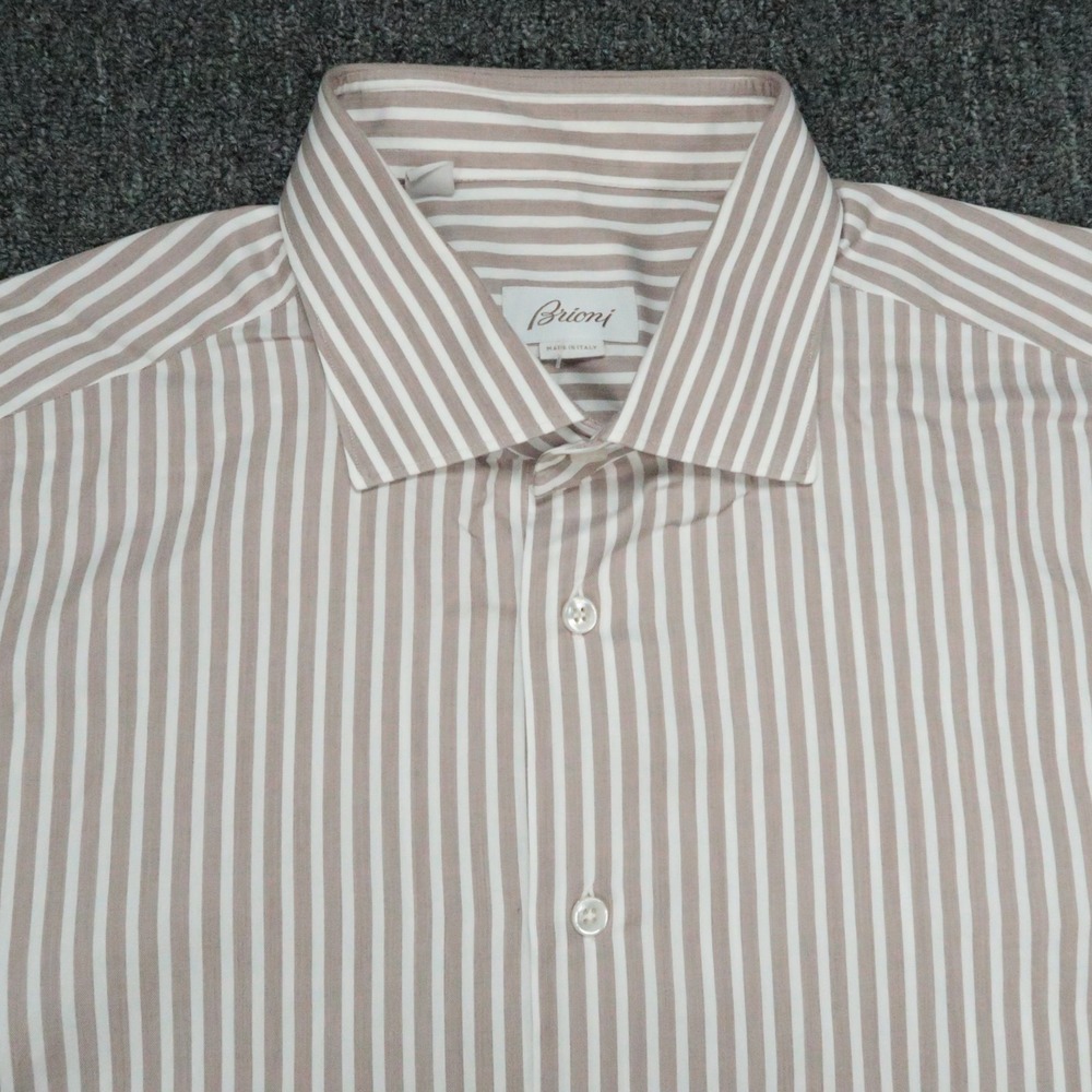 Brioni Shirt Men XL 17.5 Brown White Striped Long Sleeve Button Up - Picture 2 of 11